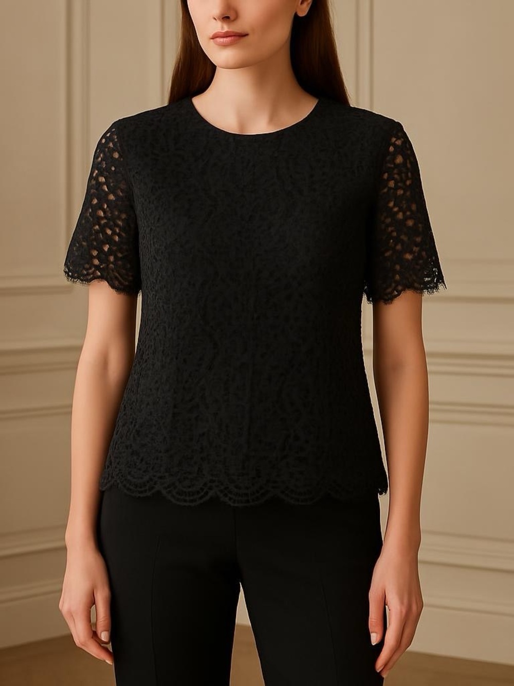 Philosophy Scoop Neck Crochet Knit Short Sleeve Blouse Womens Black size M